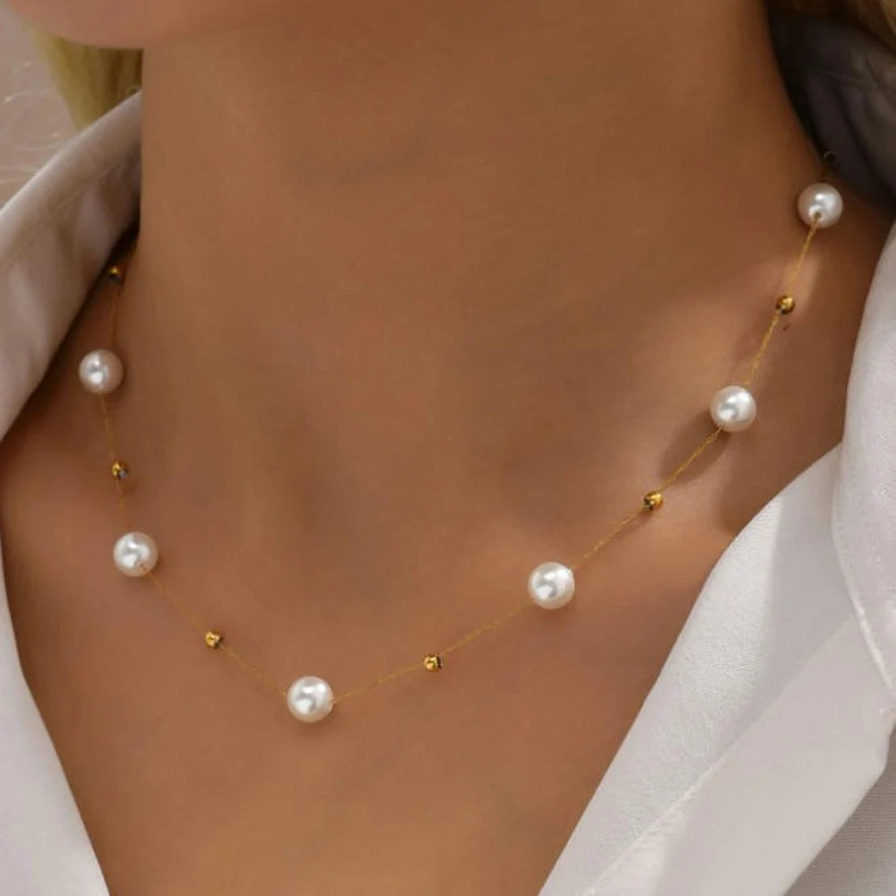 Stainless Steel Temperament Pearl Chain Choker Necklace For Women'S Waterproof Collar Jewelry Bijoux