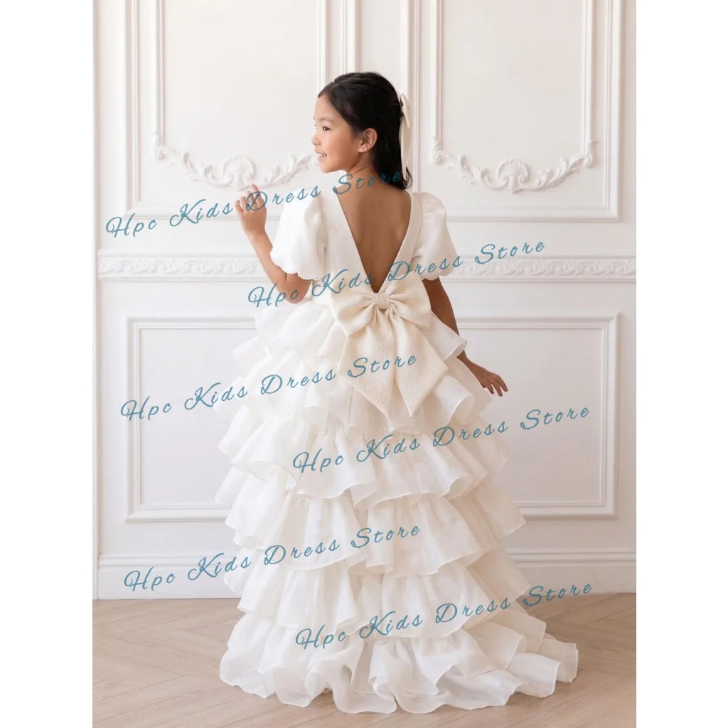 Custom White Tiered Tulle Flower Girl Dress Wedding High-Low Puff Sleeve Gown for  Birthday Party Kids Formal Wear