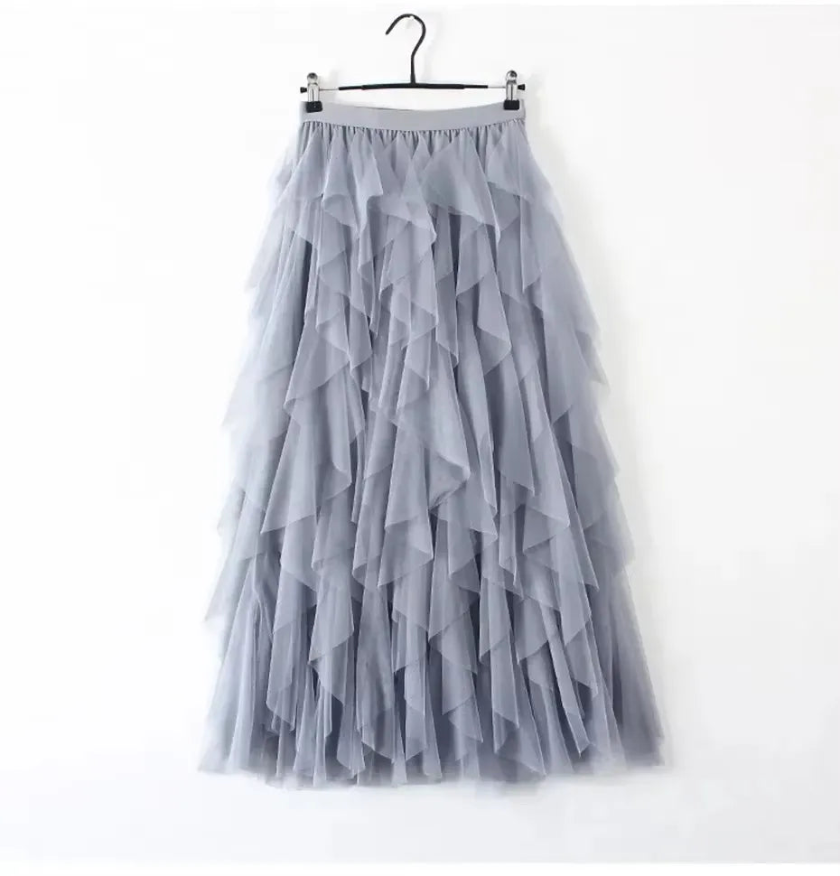 Women's High Waist Mesh Pleated A-Line Tutu Skirt - Mid-Calf