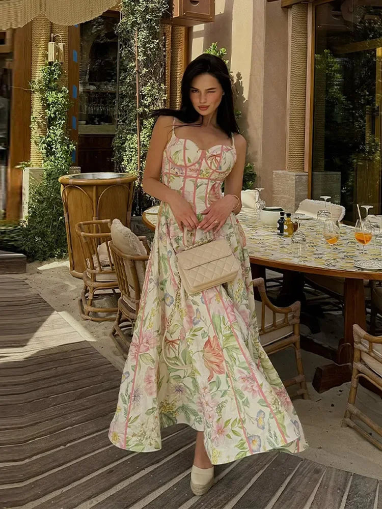 Floral Printed Sleeveless Halter Neck Maxi Dress Lady Waist Cinching A-Line Dresses 2026 Women'S Summer Vacation Vestidos