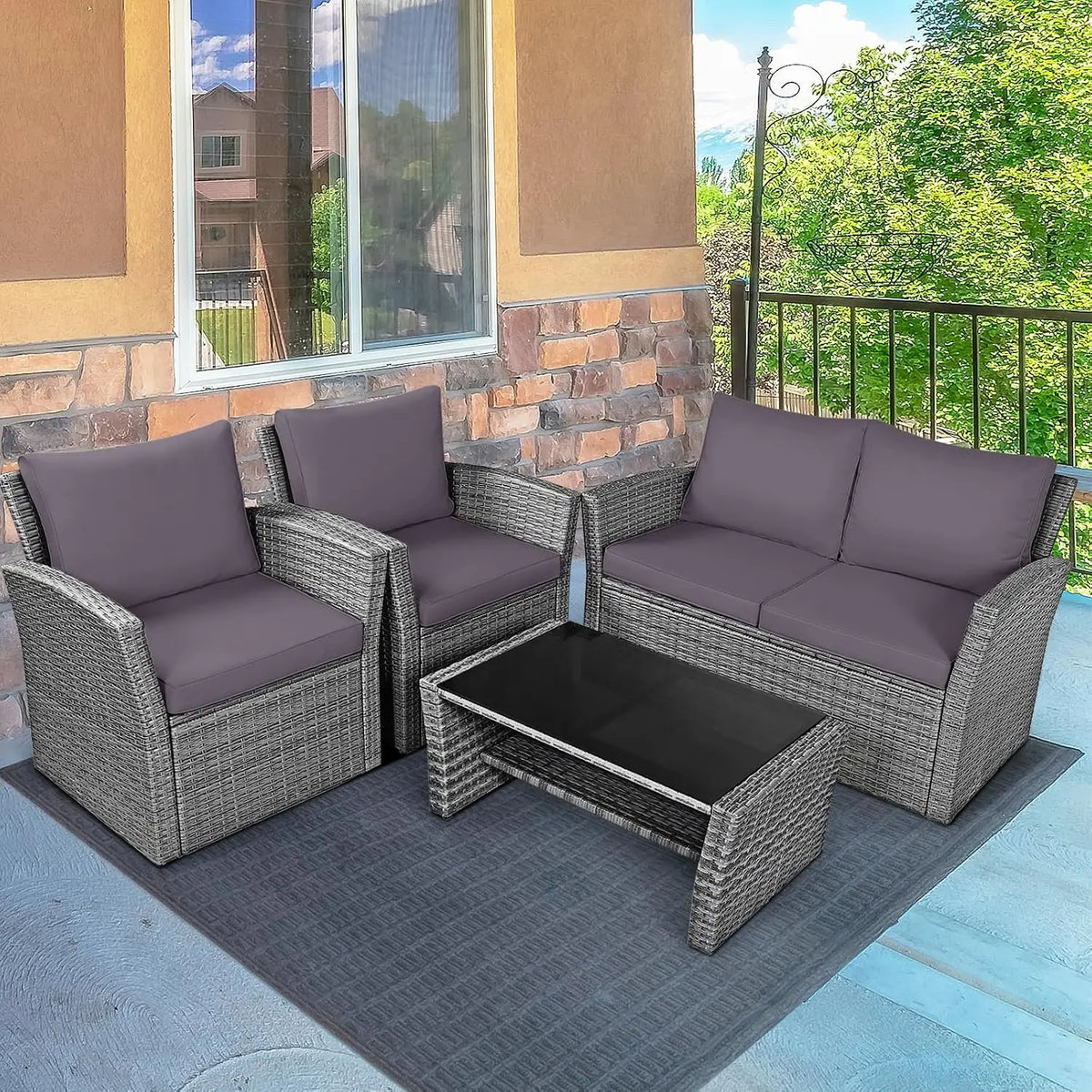 4PCS Patio Rattan Furniture Set Outdoor Sofa with Cushions & Coffee Table for Garden Porch Balcony, Customized