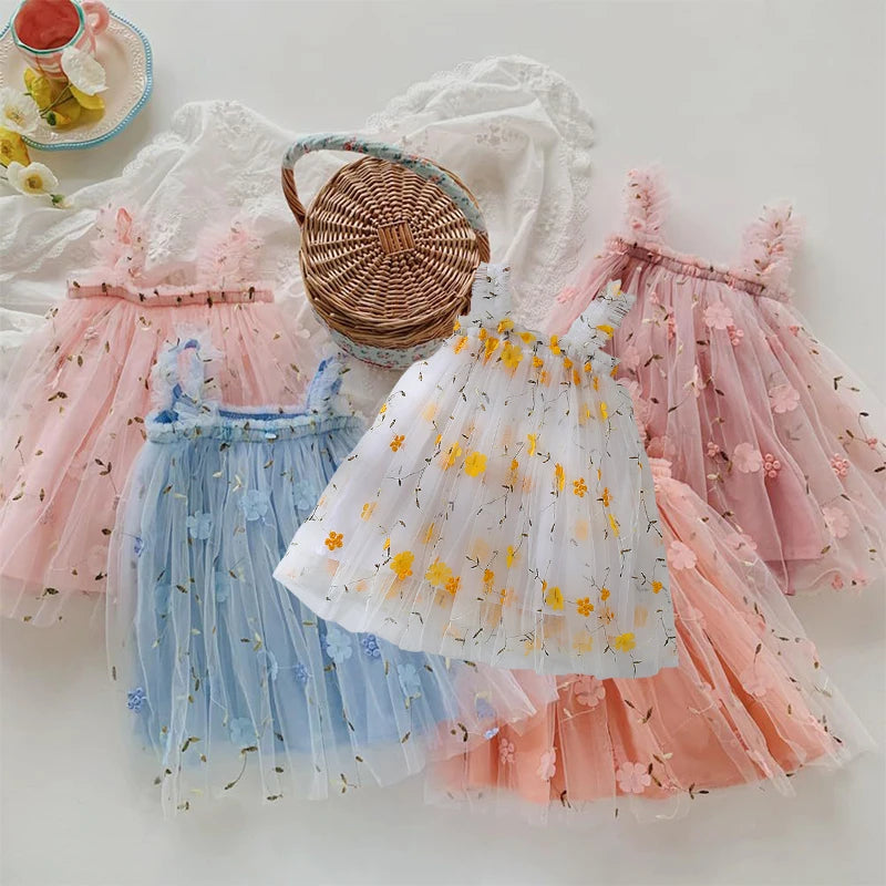 Toddler Baby Girl Princess Embroidery Strap Tutu Dress Sleeveless Flower Kid Mesh Vestido Party Birthday Baby Girl Beach Clothes