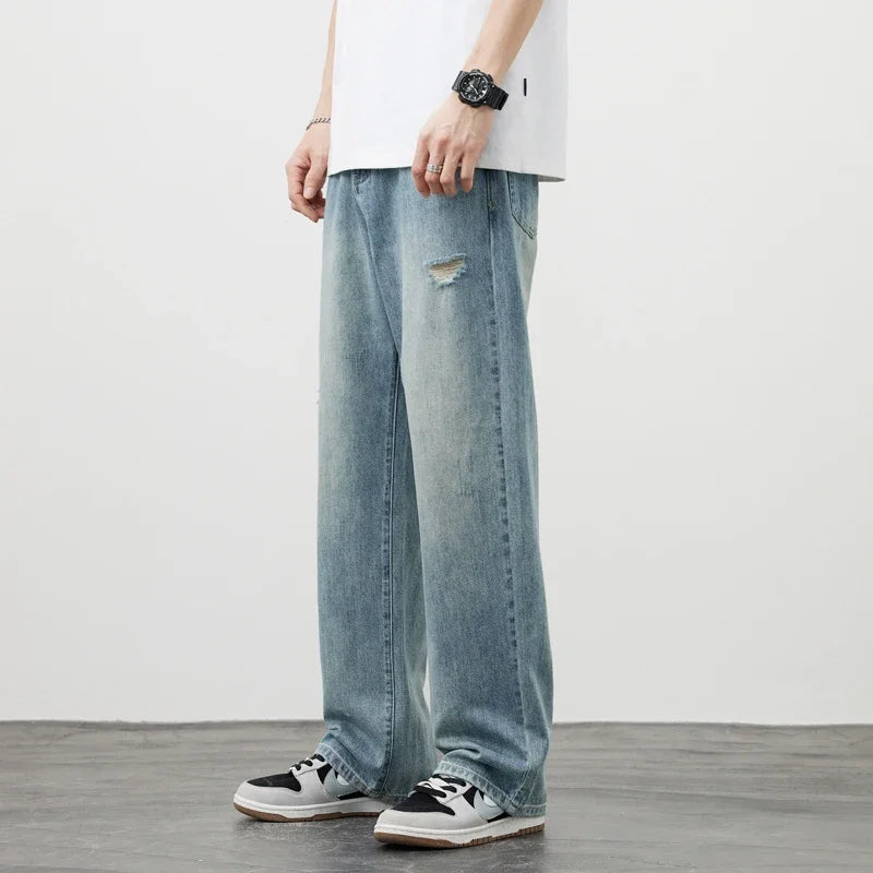 Korea Baggy Jeans Men's Vintage Straight Ripped Y2k Pants Fashion Frayed High Street Distressed Denim Trousers Male Clothes