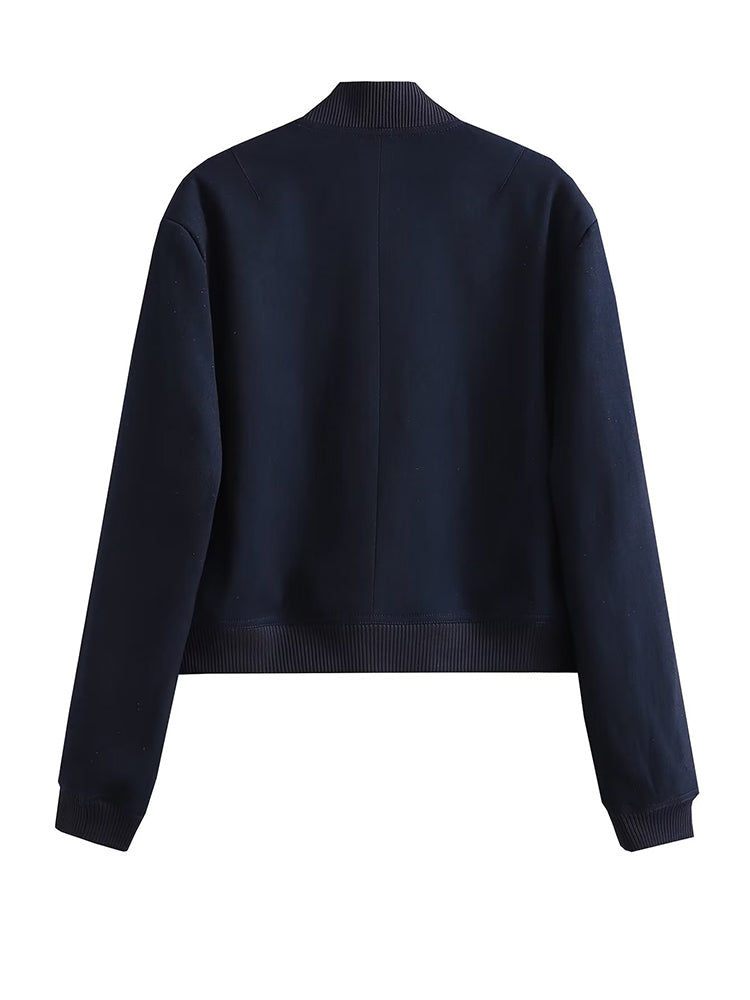 Women's Vintage V-Neck Bomber Jacket with Pockets