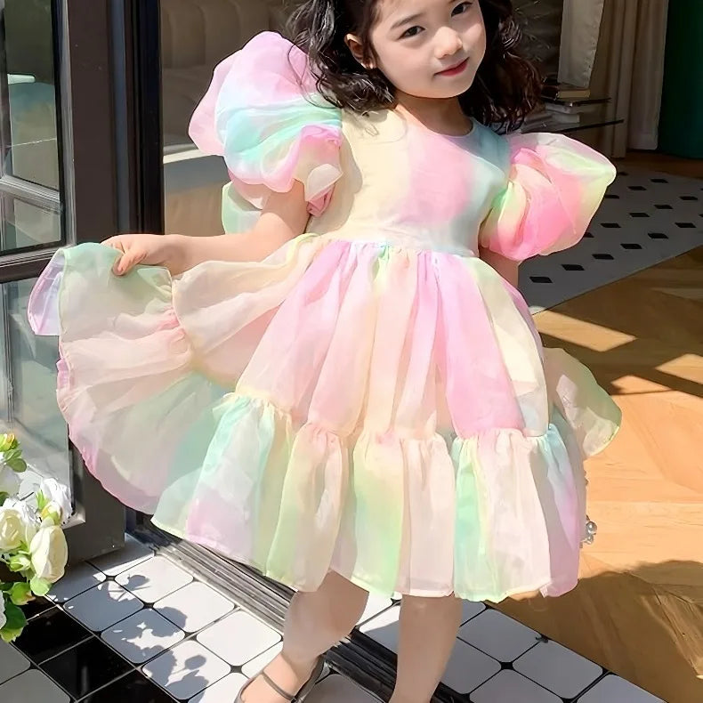 2026 Summer Girls Puff Sleeve Mesh Princess Dresses Sweety Bow Kids Wedding Clothing 1-10years Old Baby Girls Birthday Party Dre