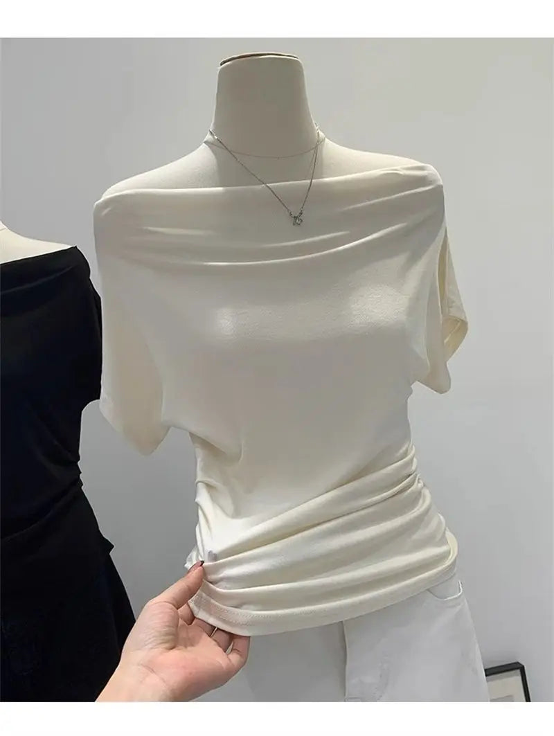 Summer One Shoulder Black Women's T-shirt Short Sleeve Korean Style Slimming Top Exposed Shoulder Fashionable