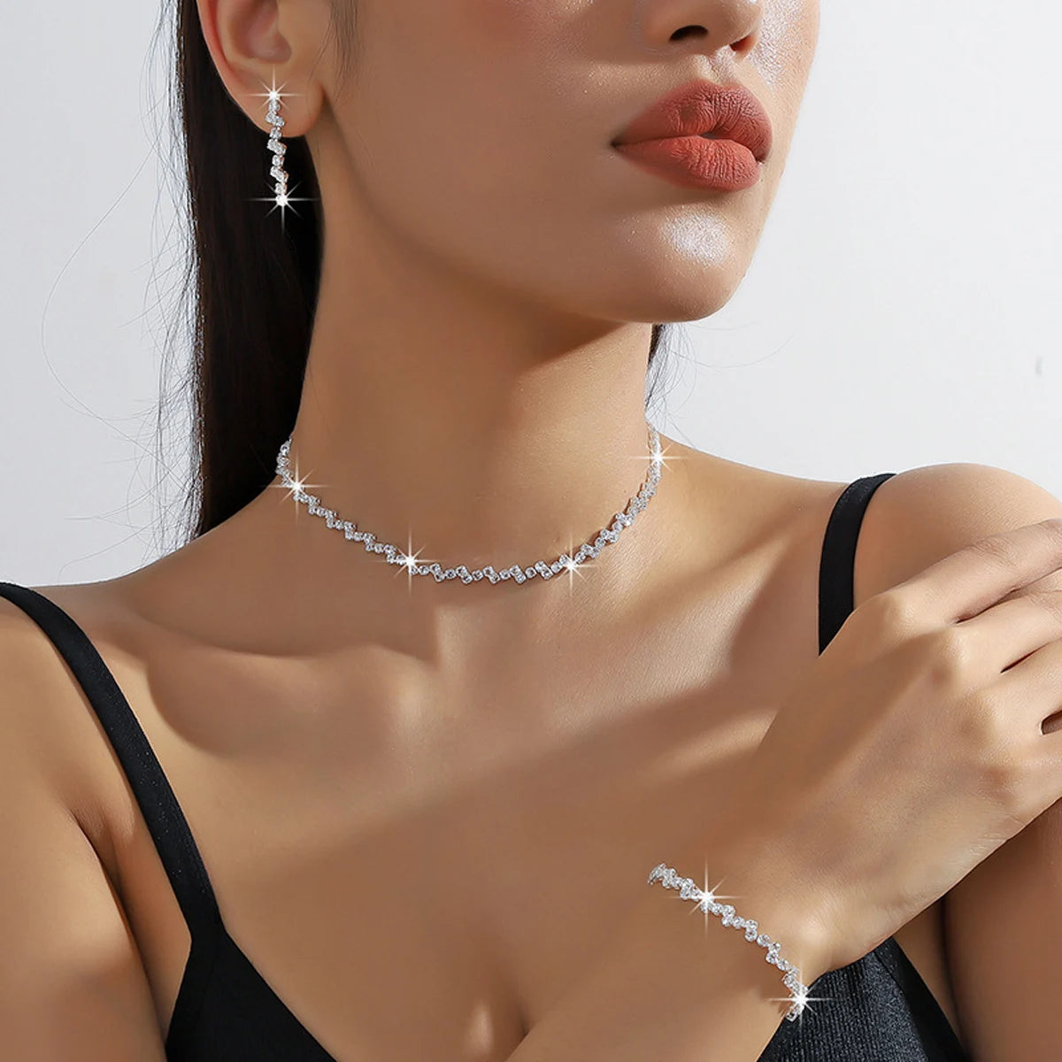 Set Of Shiny Silver Plated Collarbone Chain Necklace Bracelet Jewelry, Women'S'S Minimalist Starry Sky Accessories