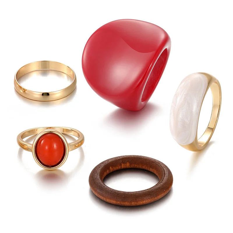 Retro Rings Set For Woman Red Green Resin Gold Color Ring Pink Butterfly Flower Enamel Jewelry Star Snake Geometric Accessories