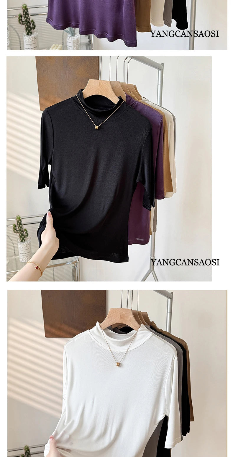 2026 Women's Spring/Summer New 100% Natural Mulberry Silk (Knitted) Basic Solid Color Half High Neck Mid Sleeve Bottom Shirt