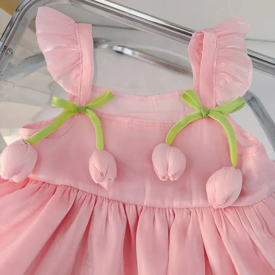 Summer New Tulip Pattern Solid Color Halter Puffy Girl Kid's Dress Cute Casual Princess Dress For Baby Girl ( 0-2 Years Old)