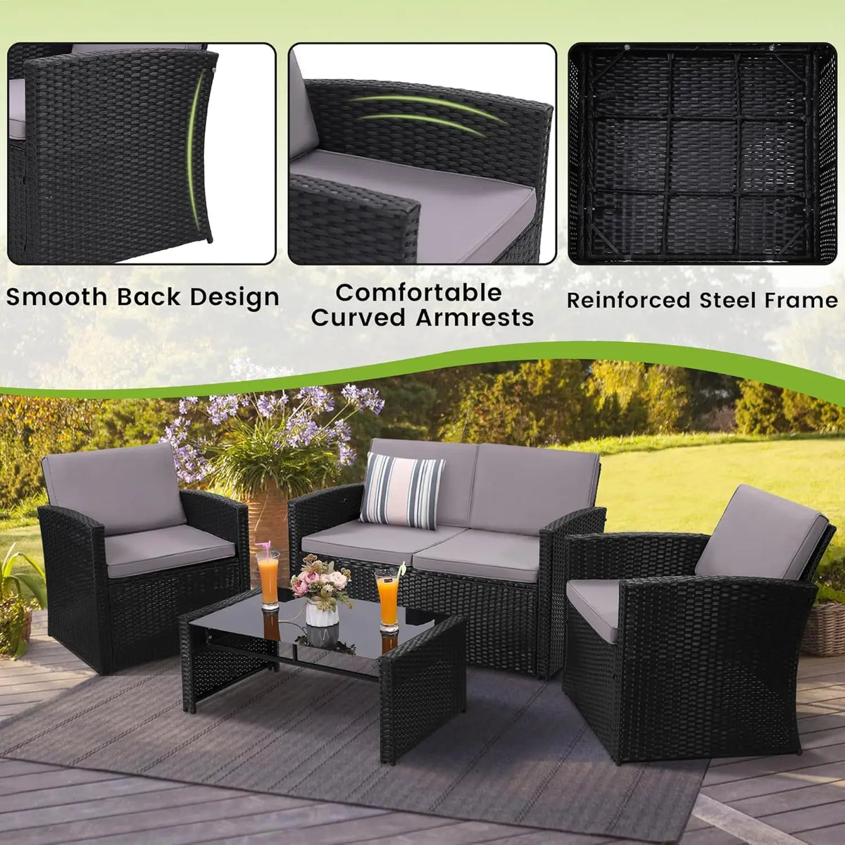 4-Piece Patio Furniture Set, Wicker Outdoor Rattan Sectional Sofa with Cushions and Glass Table, All-Weather Outdoor Conversatio