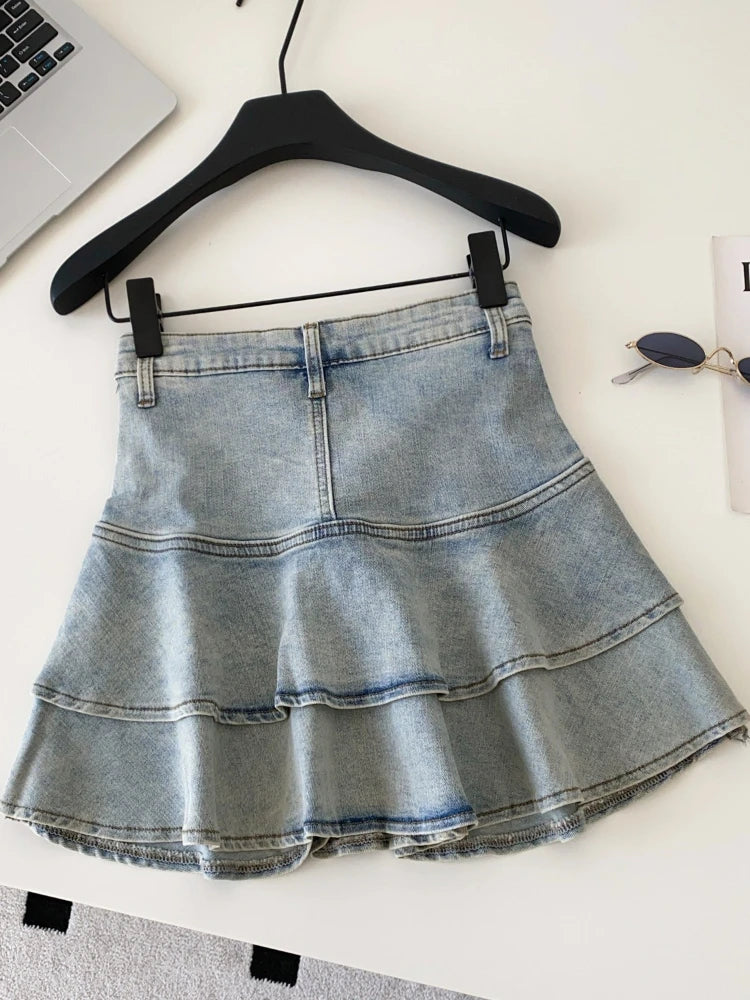 Korean Fashion Preppy Style Denim Skirt Women Slim High Waist Ruffled Layered Hem Vintage Slim Fit Mini Skirt Casual Y2K Clothes
