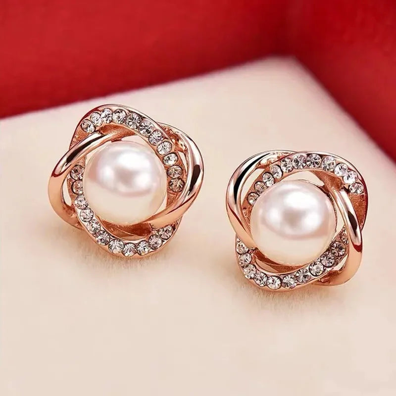 Upscale 14K Gold Jewelry Real Gold Earrings Zircon Pearl Twist Luxury Stud Earrings For Women'S Brincos Pendientes Bijoux