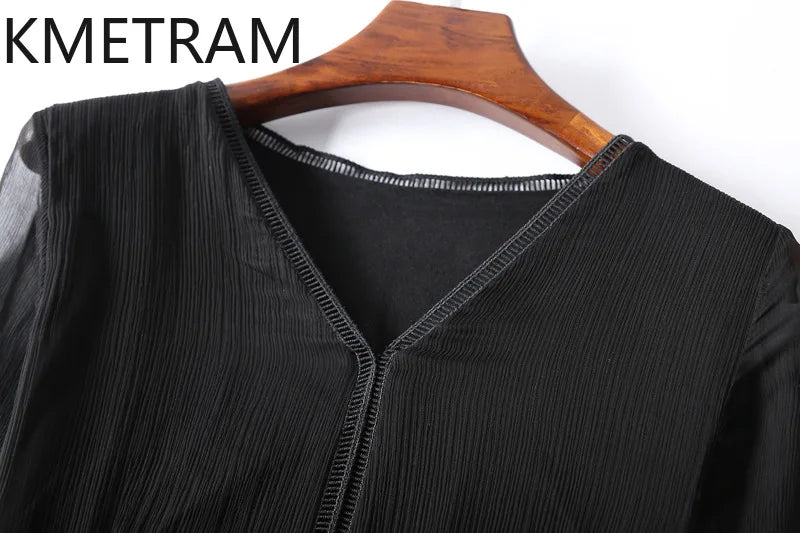 KMETRAM 100% Natural Mulberry Silk Dresses 2025 Woman Summer Elegant V-neck Long Dress Party Frocks Women Clothing Vestidos