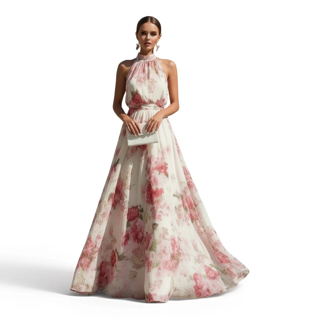 Women's Halter Neck Sleeveless Maxi Dress Floral Print High Waist Pleated Flowy Swing Hem Elegant Floor‑Length Ladies Dress