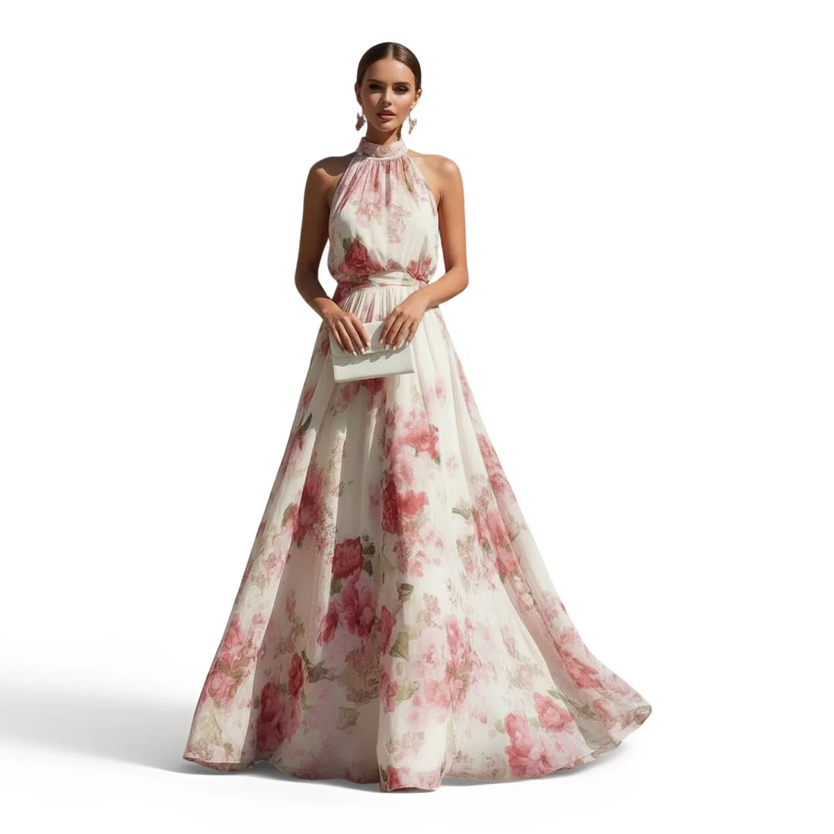 Women's Halter Neck Sleeveless Maxi Dress Floral Print High Waist Pleated Flowy Swing Hem Elegant Floor‑Length Ladies Dress