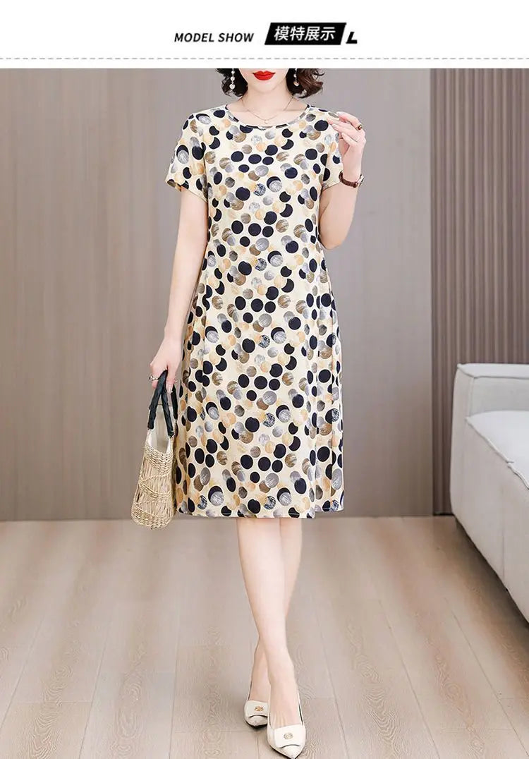 Women Summer Cotton Midi Dress Polka Dot Print Round Neck Short Sleeve Loose Casual Home Outdoor Dress S 4XL