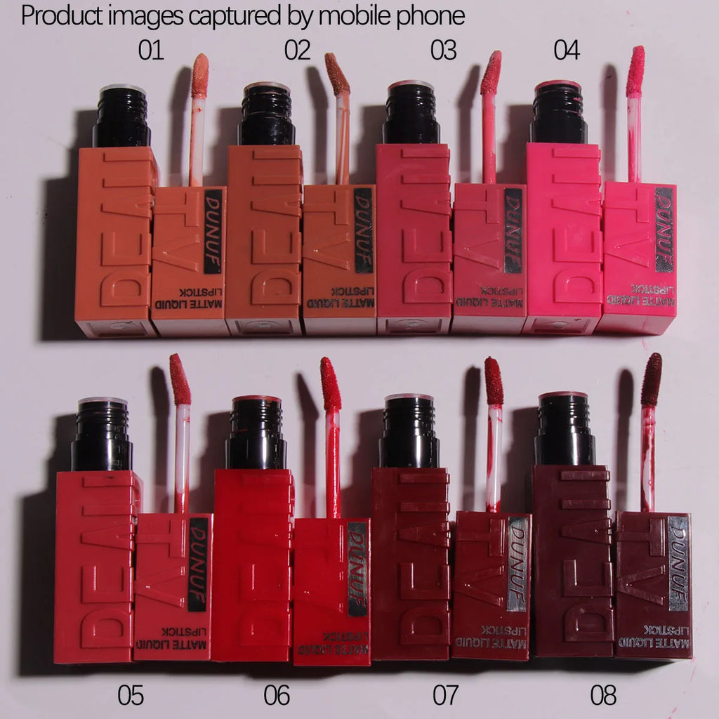 Dunuf 8-Color Matte Velvet Smooth Easy-To-Apply Square Tube Lip Gloss Waterproof Three-Dimensional Plumping Lipstick