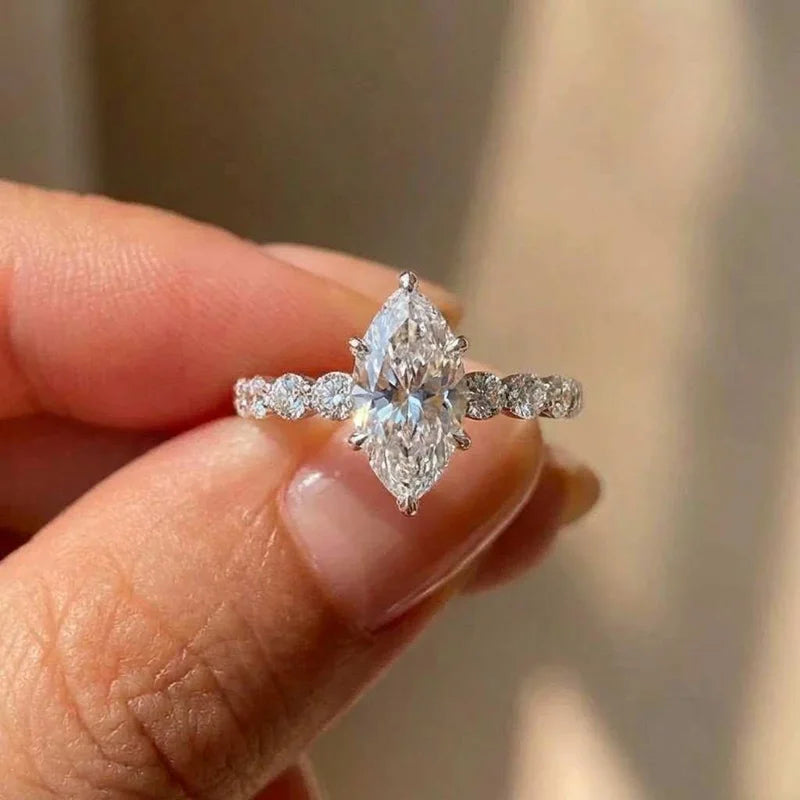 Sterling Silver Zircon Ring For Women Marquise Cut Elegant Engagement Jewelry Premium Quality