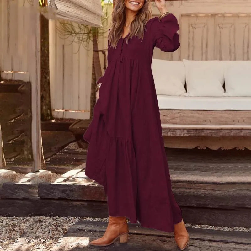 Loose Long Sleeve Cotton Linen Dress Retro Button Spring Autumn Vacation Women Skirt