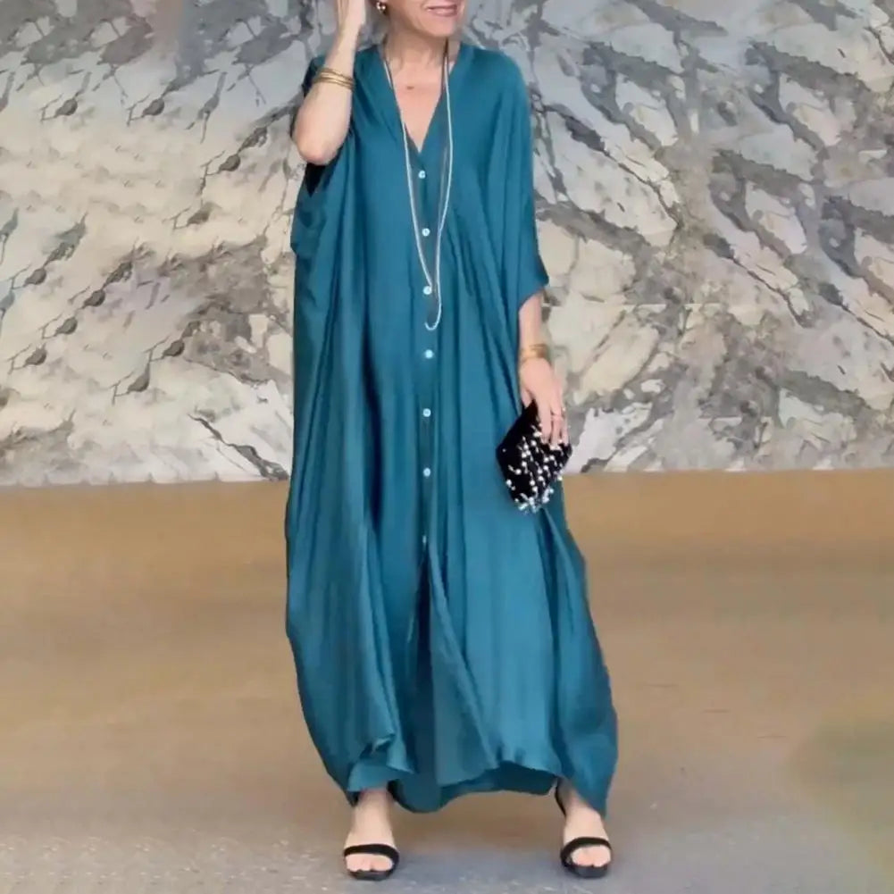 Women Maxi Dress V-Neck Buttoned Placket Batwing Sleeves Maxi Dress Solid Color Loose Cut Satin Casual Wide Style Dress