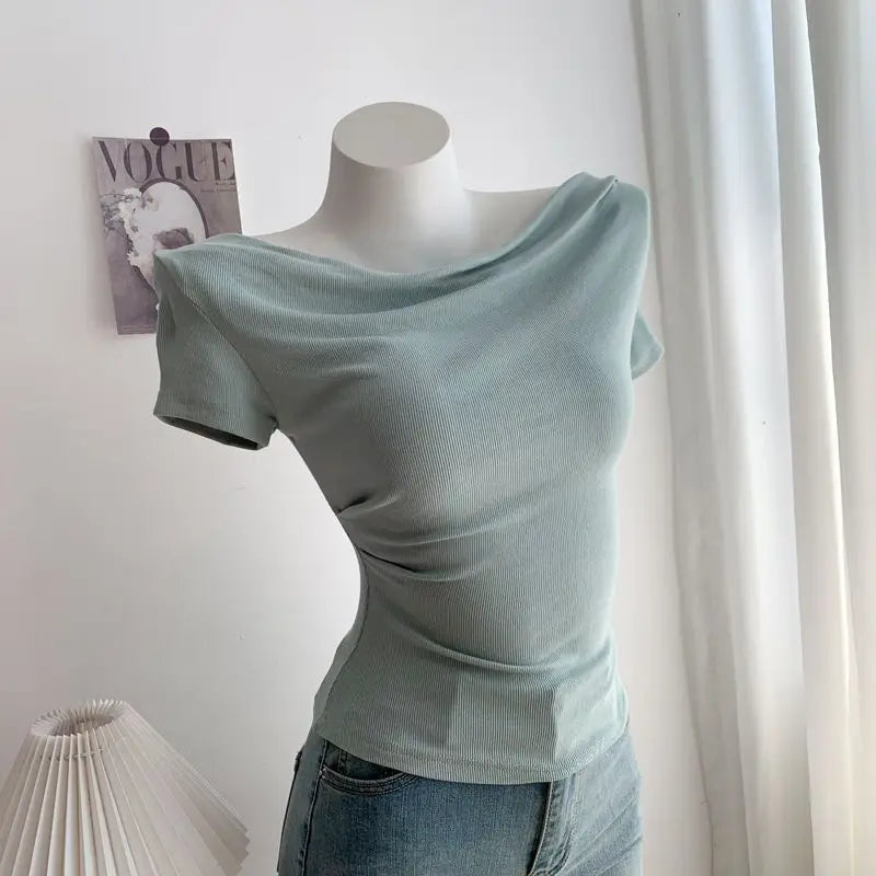Summer Short Sleeve T-Shirt Shoulder Bared Open Neck Irregular Pleated Korean Style Slim Fit Pure Color Modal Fabric Ladies Top