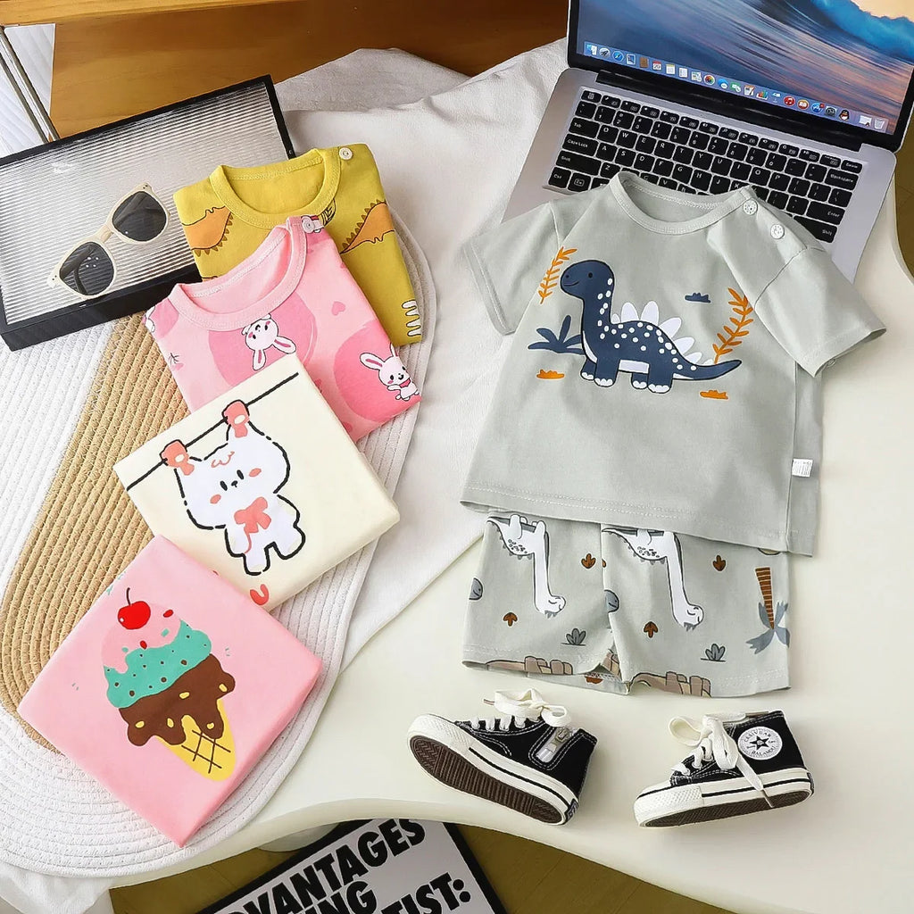 Unisex Children's Cotton Summer Outfit Set - Cartoon Animal Print