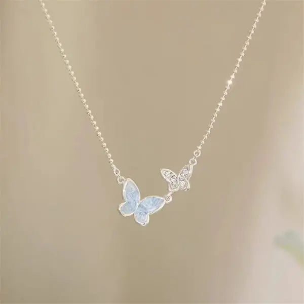 Light Luxury Shiny Zircon Butterfly Bracelet For Women'S Blue Rhinestone Double Butterfly Necklace Earring Set Girls Jewelry