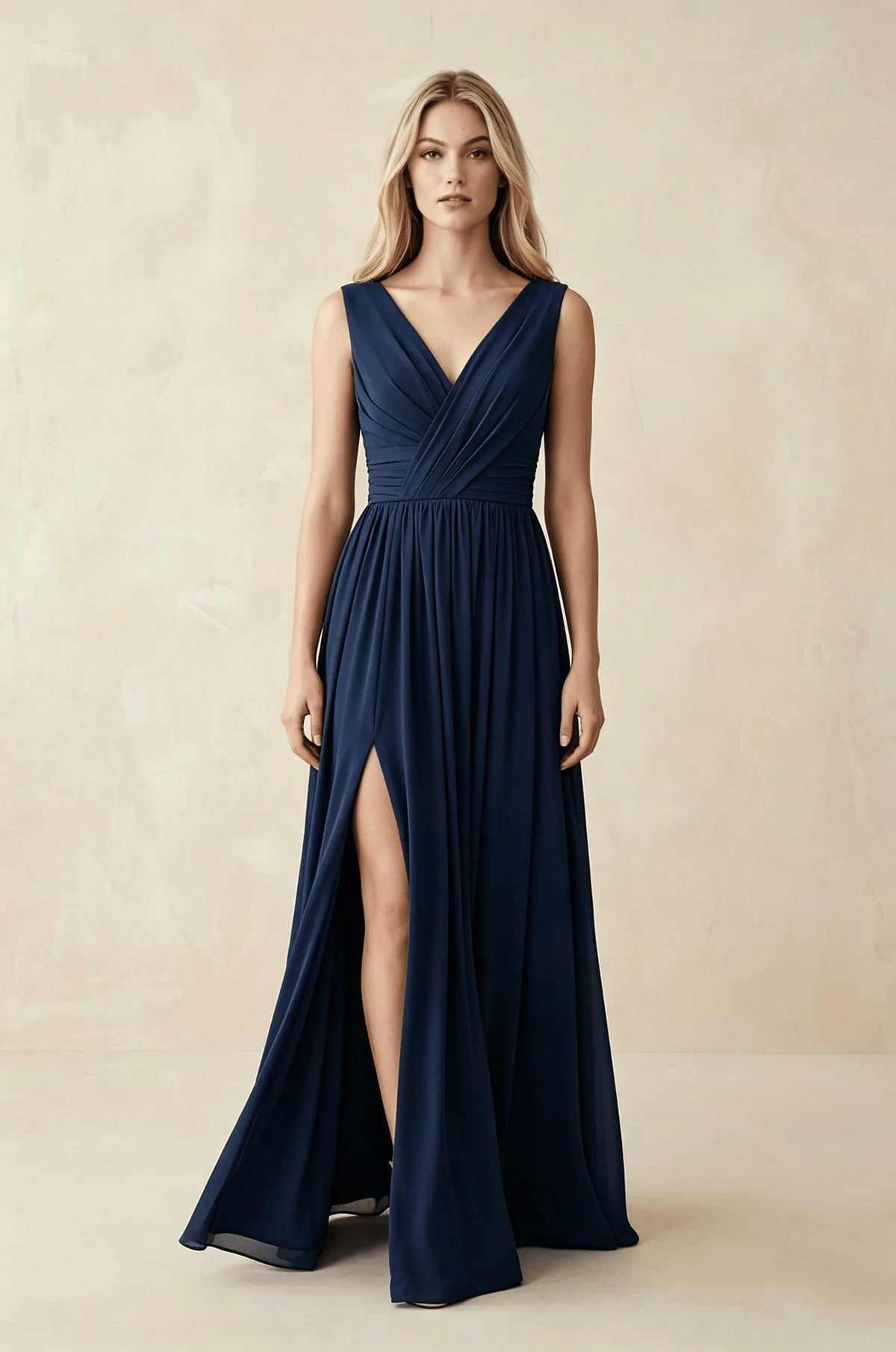 Sleeveless Deep V Neck Chiffon Formal Dress Ruched Empire Waist Front Split A‑Line Floor‑Length Bridesmaid Party Prom Dresses