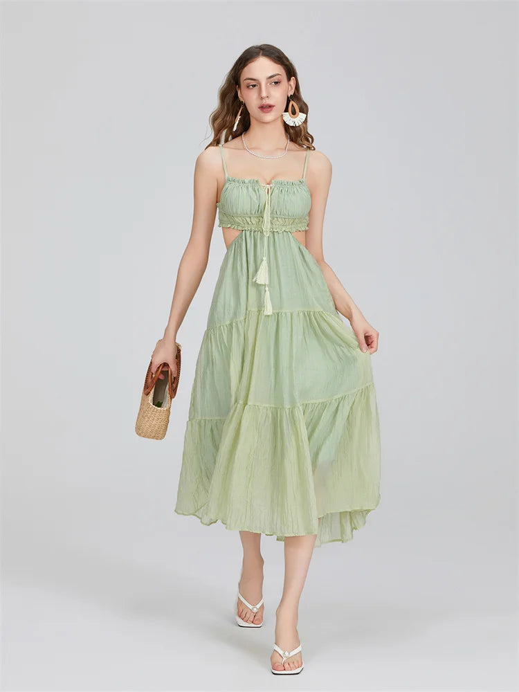 2024 Summer Women Flowy Long Dress Spaghetti Strap Cut Out Backless Ruffle A-line Dress Bohemian Party Holiday Casual Sundress