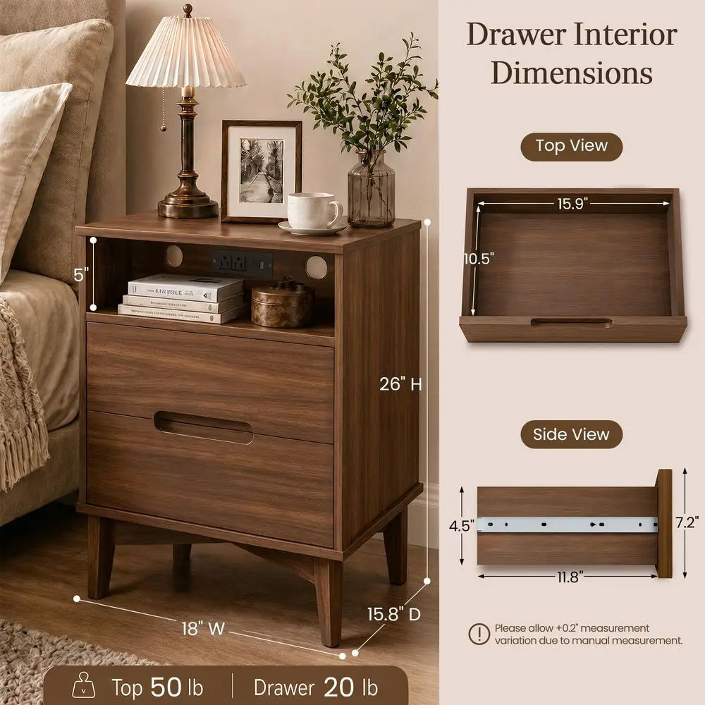 Tall Wood Nightstand Set of 2 with Charging Station amp USBC, Mid Century Modern Bedside Table with Solid Wood Legs, Walnut Fin