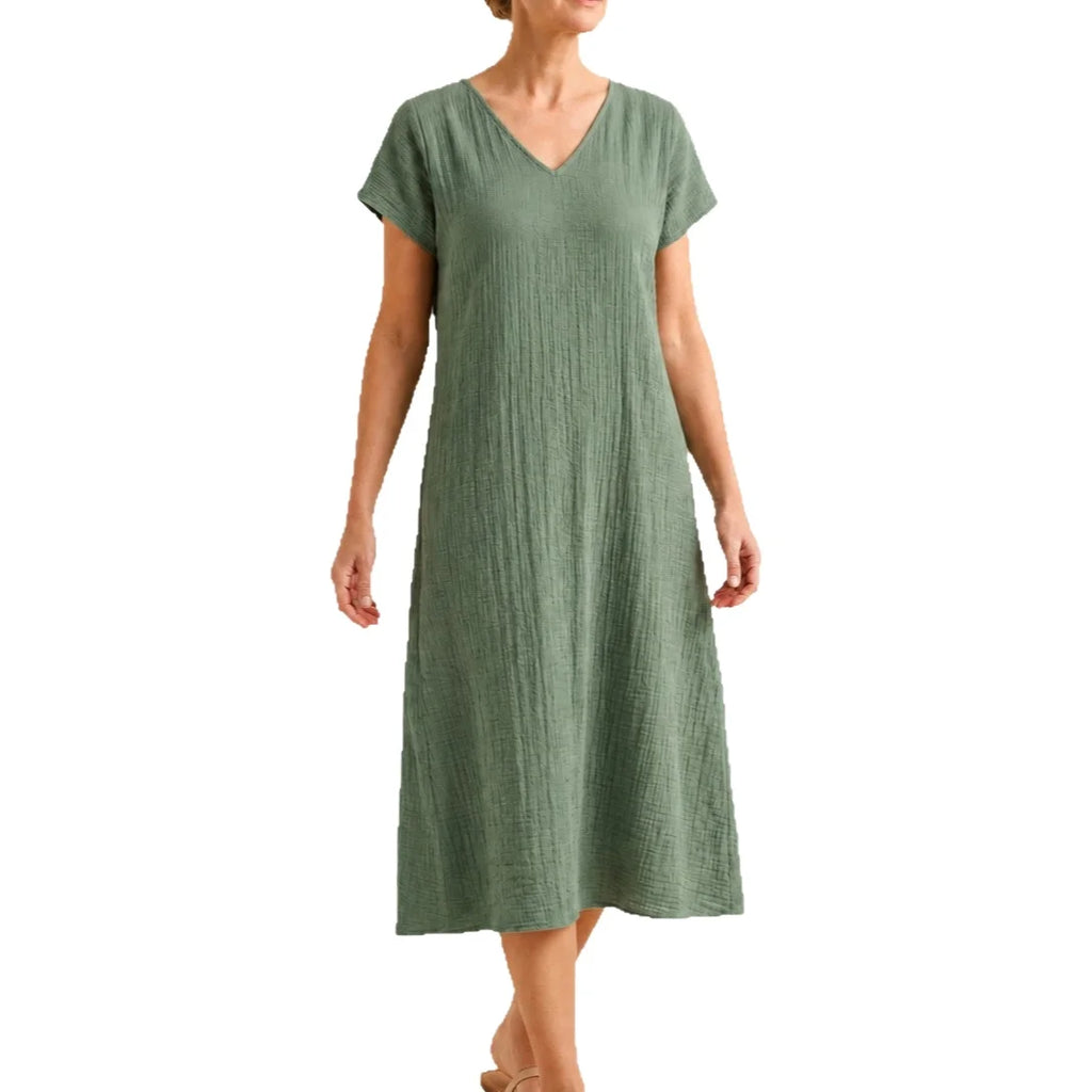 Casual Loose Polyester Crepe Dress V-Neck Short Sleeve Midi A-Line Skirt Women's Fashion Comfortable Leisure Cross-Border Style