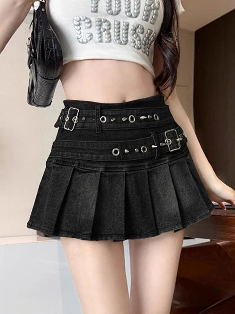 Summer Harajuku Denim Pleated Skirts Womens Y2k Aesthetic High Waist Belt Gothic Skirt Vintage A-Line Streetwear Grunge Faldas