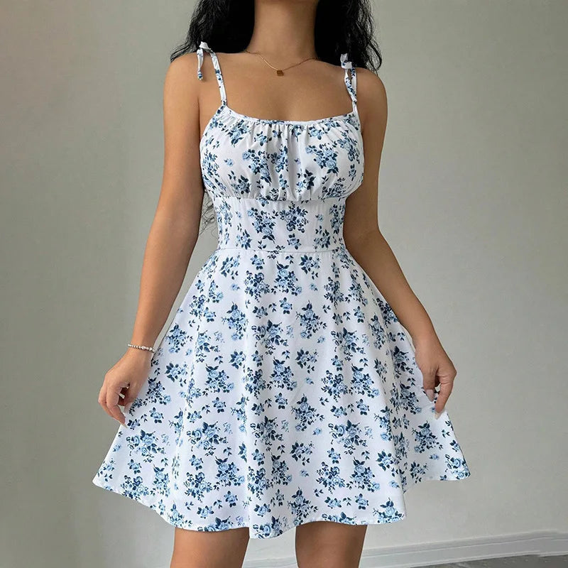 Women Sleeveless Cami Dress Floral Printed Tie Strap Square Neck Ruched Flowy Short Dress for Beach Vacation