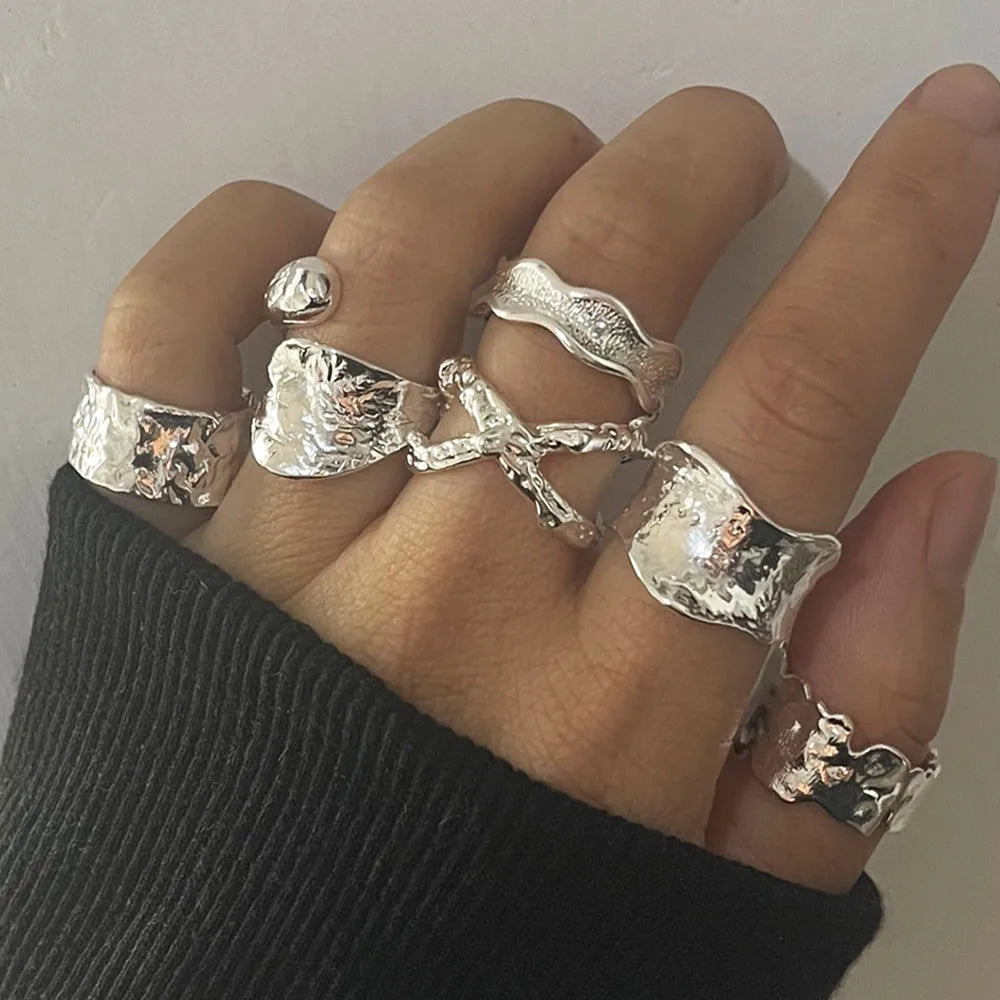 BF CLUB Silver Color Rings for Women Fashion Geometric Handmade Irregular Shinning Gold Ring Party Christmas Gift