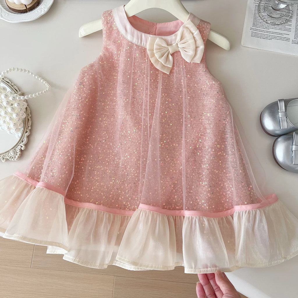 Girls Mesh Party Dress – Sleeveless Bow Detail Gown with Soft Cotton Lining, Special Occasion Outfit Toddler Girl Clothes