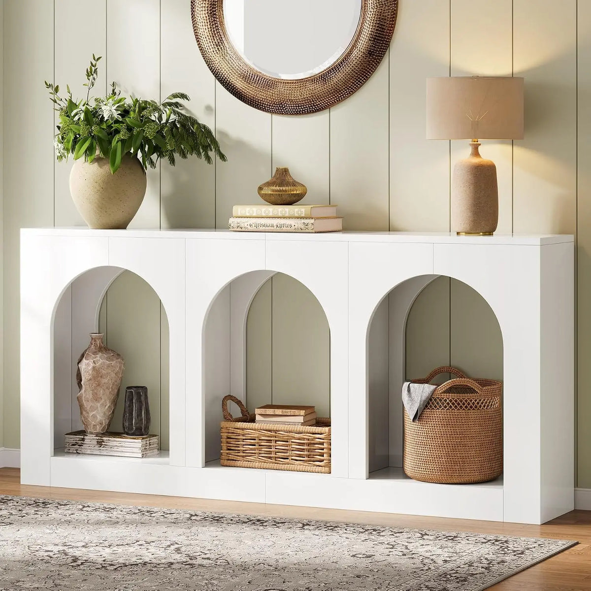 70.9" Console Table with 3 Arched Shelves, Wood Entryway Storage - Brown