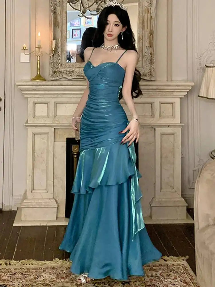 LGRQ 2026 Summer Blue Niche Strap Dress Fishtail Elegant Long Dresses Solid Color Female Elegant Party Gown 19DA2013