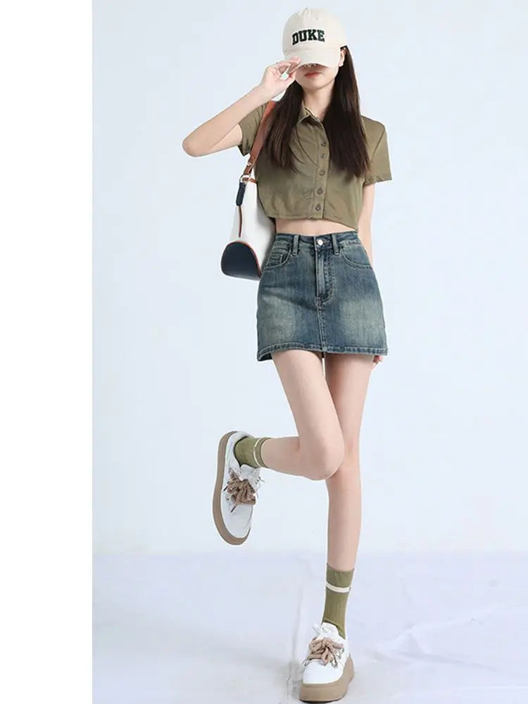 High Waist A-Line Mini Skirt Retro Spicy Girl Denim Women's Summer Slimming Anti-Light Half-length Skirt Street Style Trendy