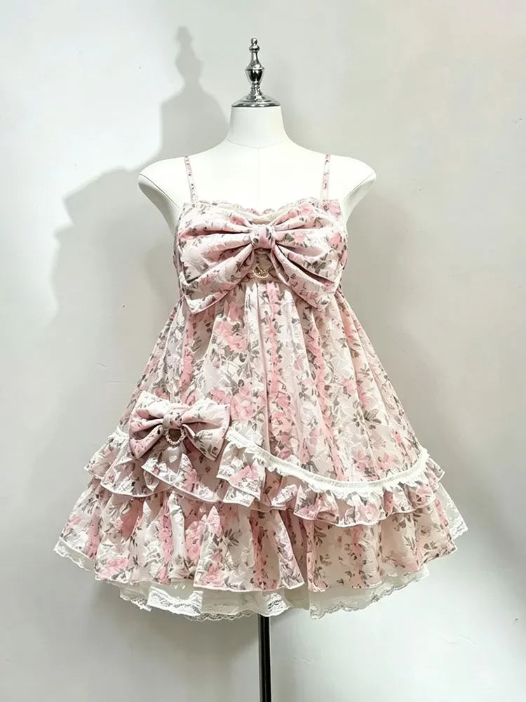 New Summer Vintage Sweet Elegant Women Dress Design Y2k Floral Print Chic Strap Mini Dresses Fashion Lace Korean Popular Clothes