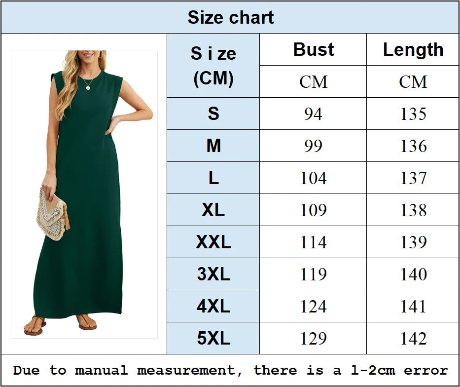 Lady Casual Solid Color Streetwear Summer Fashion Sleeveless Loose Long Dress Woman's Simple Style Slit Hem With Pocket Vestidos