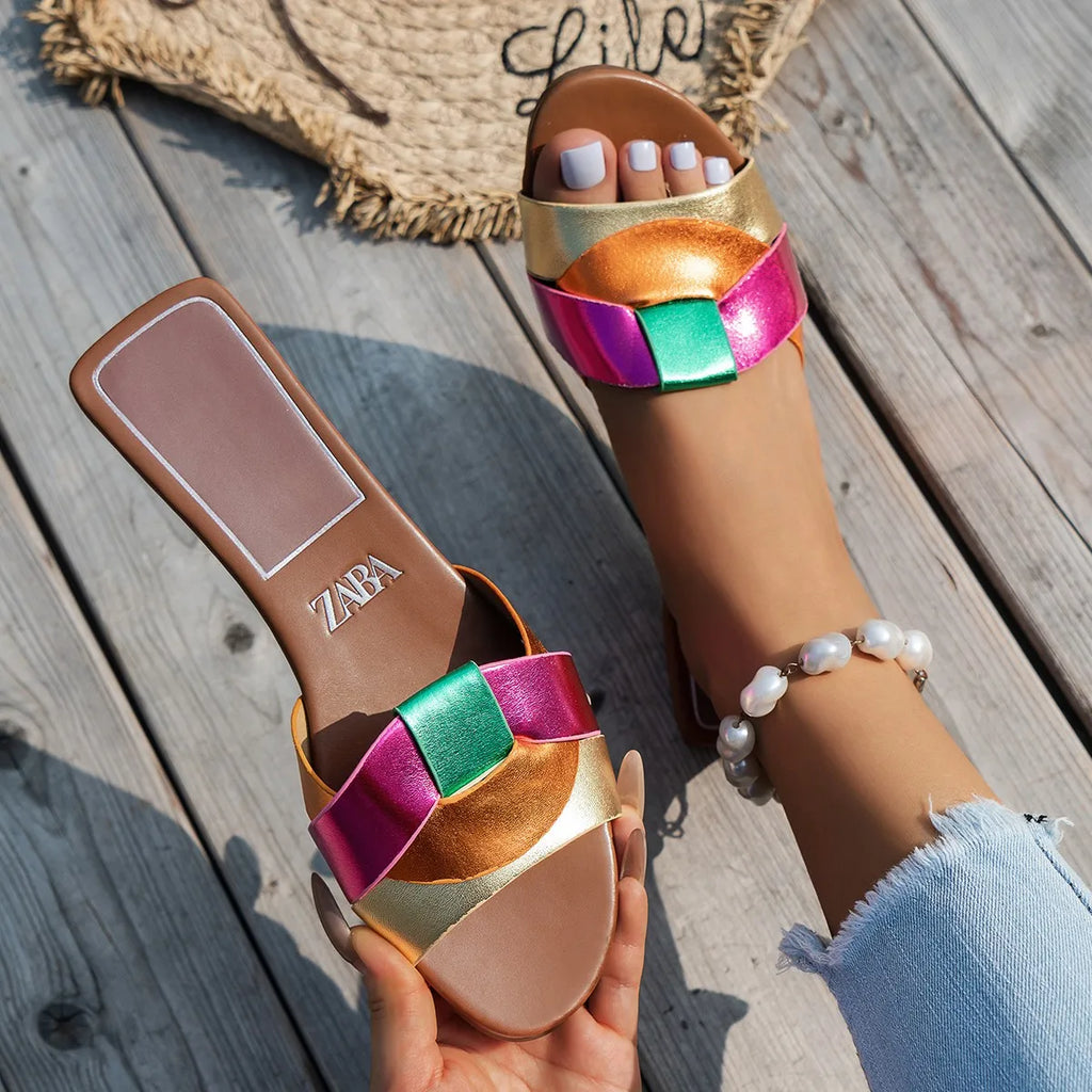 NAZSQ Women's Solid Color Fashion Slides - Summer Casual Flat Slippers