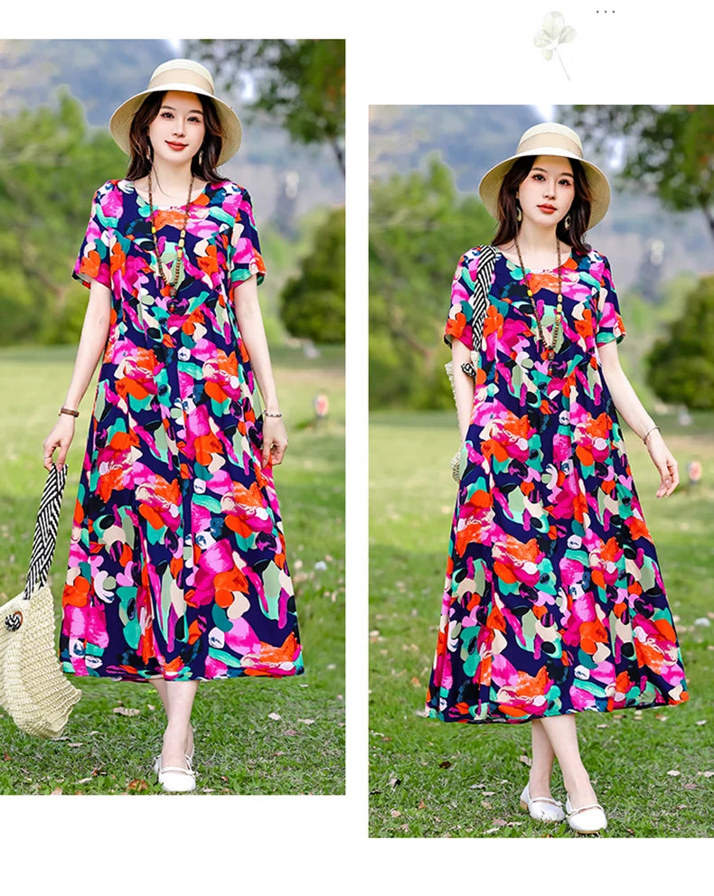 New Print plus size 2026 New Fashion Floral Printed Summer Dress Vestidos Elegant Short Sleeve Slim O-Neck Party Women clothing