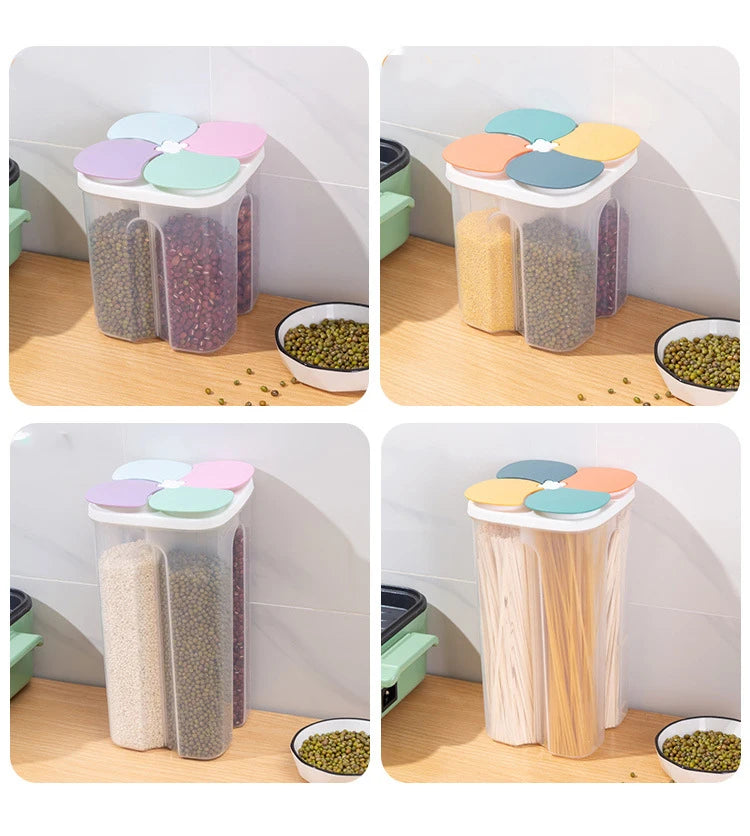 Caja de almacenamiento de cereales para cocina, de plástico, con 4 compartimentos, tarro sellado para cereales, recipiente para alimentos, tanque de grano a prueba de humedad, caja para mantener frescos los espaguetis