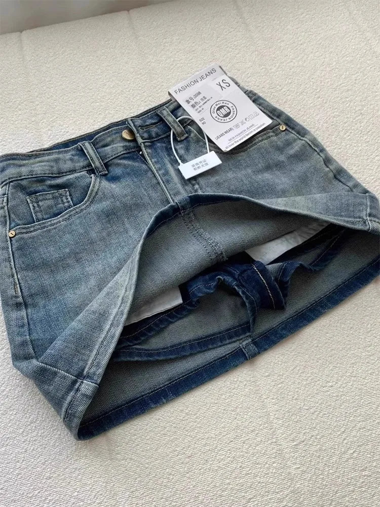 Sexy Retro High Waist Denim  Skirt Women's Anti-Light Versatile Slimming American Hot Girl f-length Summer Skirt