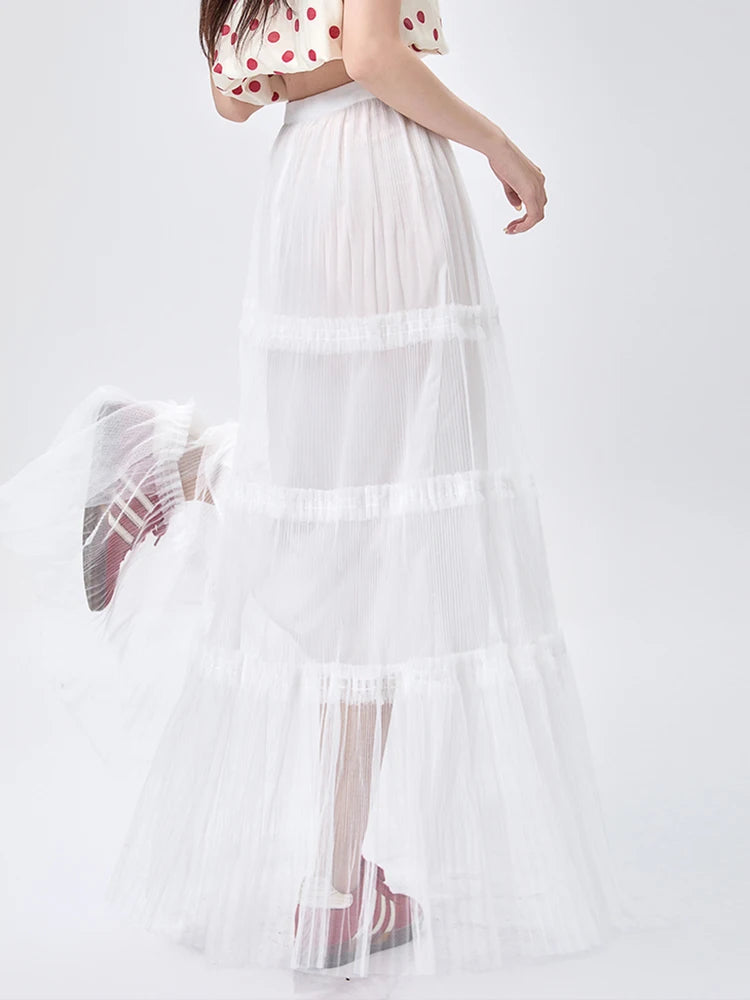 Women's Skirt Spring Summer Tiered Tulle High Waist Ruffle Hem A-Line Pleated Maxi Layered Mesh Cake Skirt Female Faldas SK120