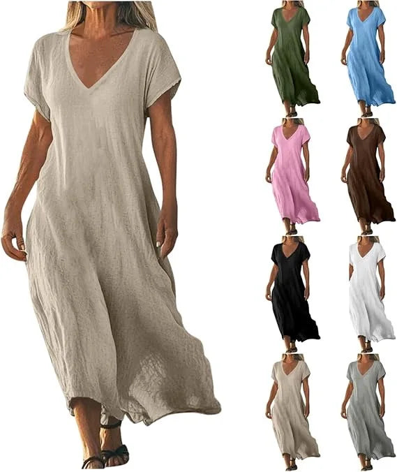 Independent Station Loose Solid Color V-neck Cotton and Linen Women's Dress