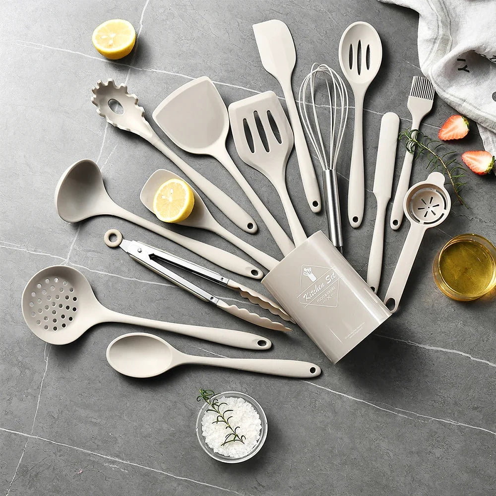 Juego de utensilios de cocina de silicona de grado alimenticio caqui de 15 piezas, que incluye espátula giratoria, cuchara sopera, herramienta práctica de cocina