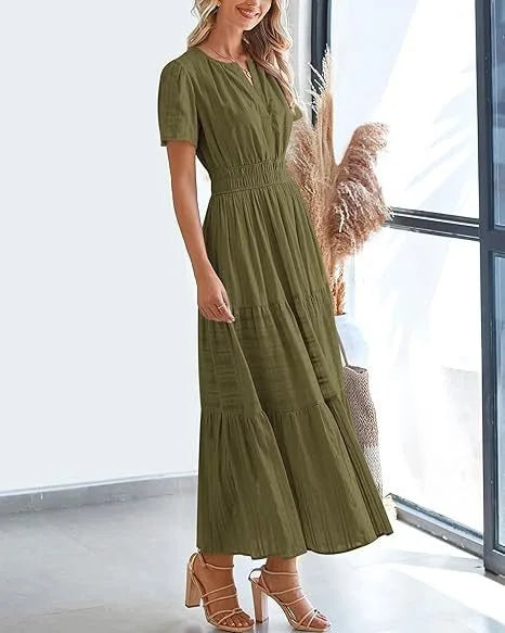 Summer Solid Color V-neck Tight Waist Dress French Style Elegant Pleated Large Swing Long Dress Casual Vacation Style Slimming M
