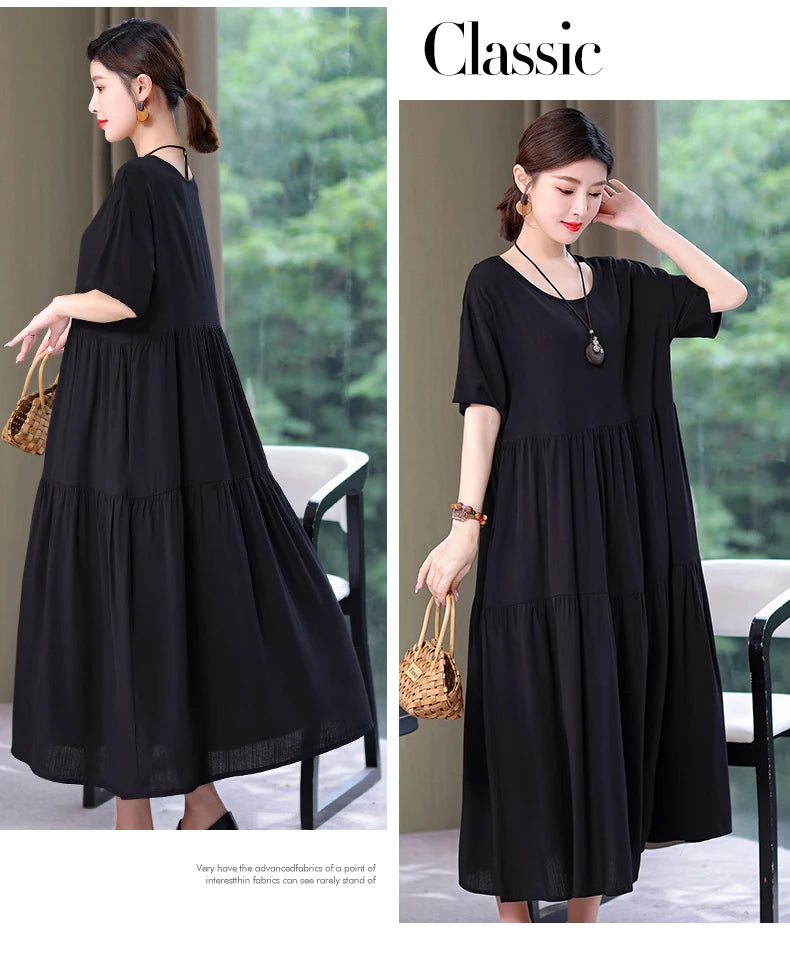 New Fashion 2023 Causal Summer Dresses For Women Loose Solid Long O-neck Dress Vintage Short Sleeve Womens Clothing